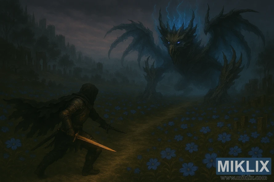 Landscape fantasy art of Tarnished in Black Knife armor confronting Ghostflame Dragon from an elevated angle