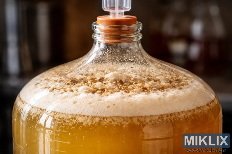 Close-up photograph of a glass carboy filled with pale golden beer, showing active fermentation with foam, bubbles, and a plastic airlock on top.