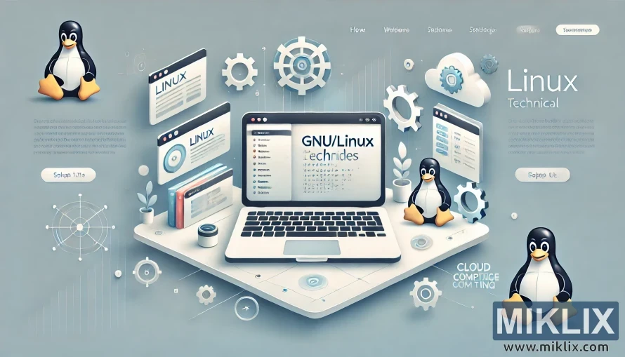 Laptop with GNU/Linux guides, Tux mascots, gears, and cloud icons representing technical documentation.