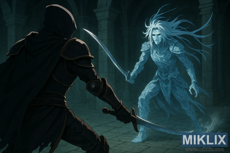 Anime-style scene of the Tarnished seen from behind facing the Ancient Hero of Zamor in an icy, ancient hall.