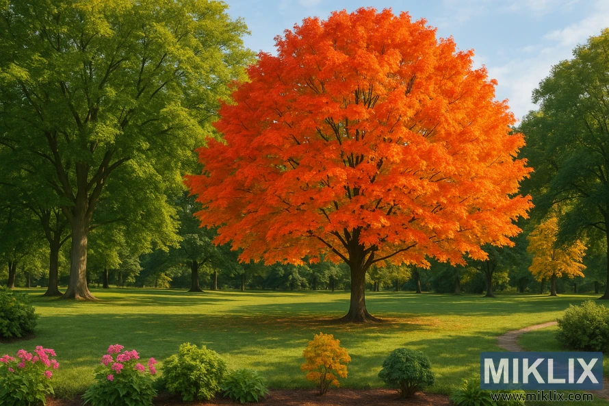 Sugar maple with fiery red-orange autumn foliage stands on a lawn among green trees and a winding park path.
