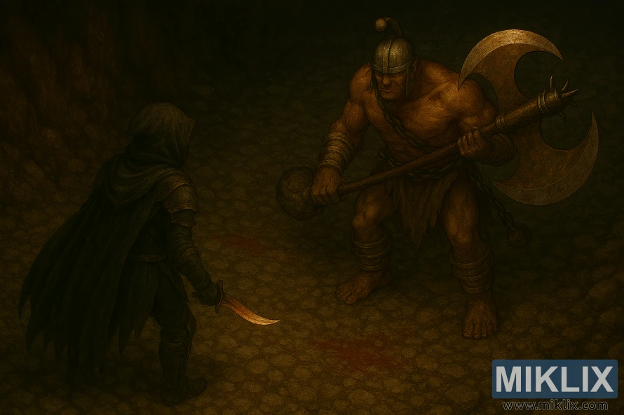 Реалистичен фан-арт на Оцрнетиот во оклоп од црн нож свртен кон бесниот дуелист од подигнат агол.