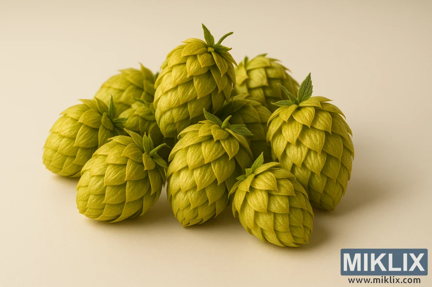 柔らかく暖かい照明の下で、黄金色がかった緑色の Brewer's Gold ホップコーンのクローズアップ。 柔らかく暖かい照明の下で、黄金色がかった緑色の Brewer's Gold ホップコーンのクローズアップ。