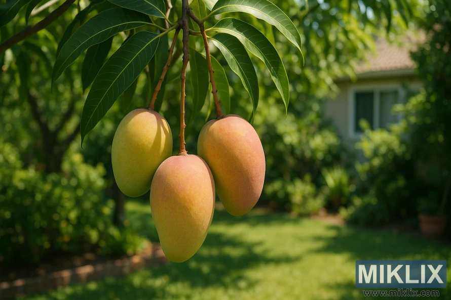 Three ripe mangoes hanging from a tree branch in a lush, sunlit home garden with green leaves and a house in the background.