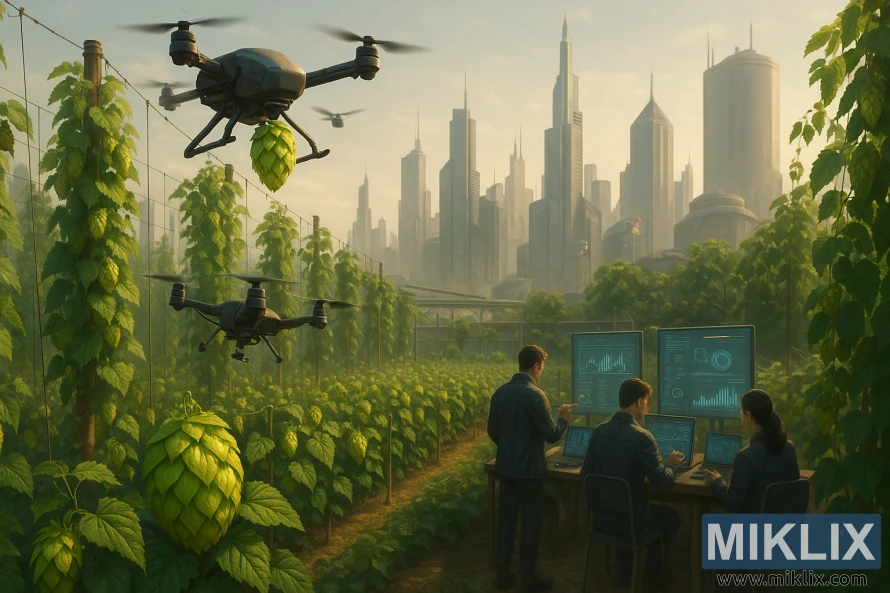 Futuristisk humlefarm med droner som høster humle mot en bysilhuett. Futuristisk humlefarm med droner som høster humle mot en bysilhuett.