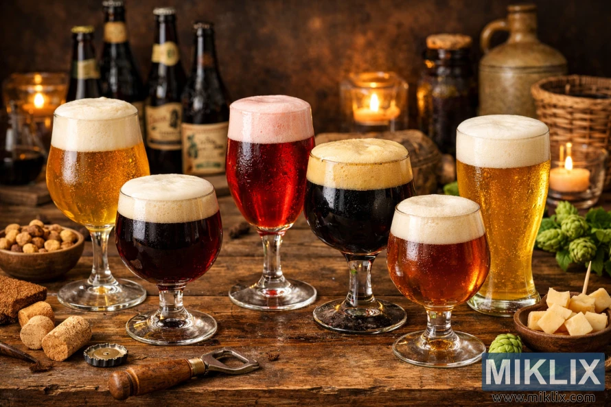 各種比利時啤酒盛放在別緻的玻璃杯中，擺放在質樸的木桌上，背景可見蠟燭、啤酒花、起司塊、堅果、軟木塞和復古酒瓶。