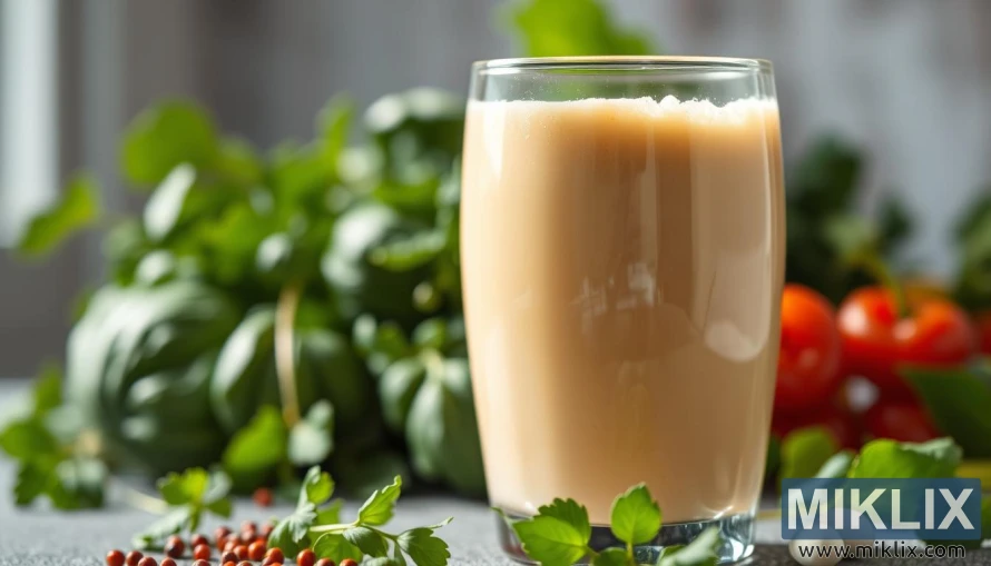 Bicchiere di frullato cremoso di proteine del siero del latte con verdure verdi sullo sfondo. Bicchiere di frullato cremoso di proteine del siero del latte con verdure verdi sullo sfondo.