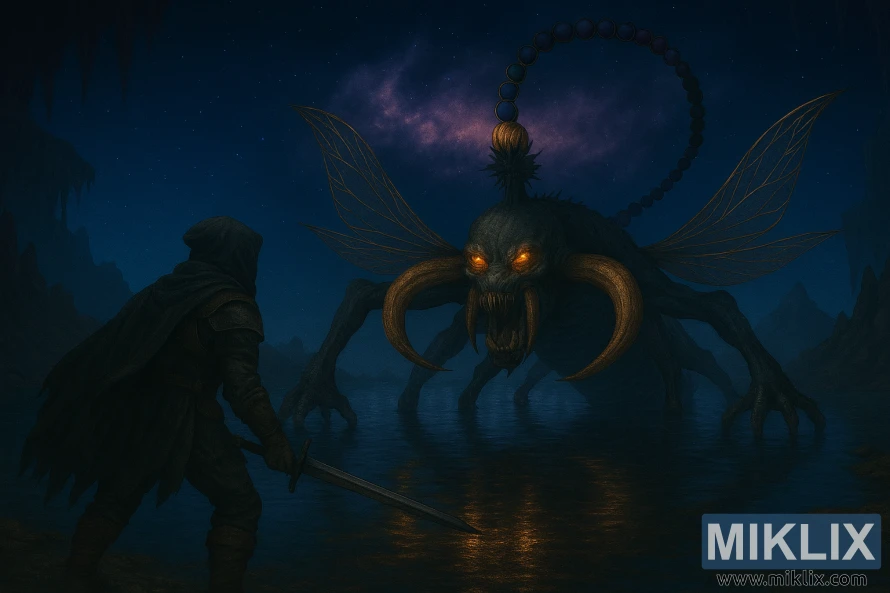 Semi-realistic fan art of the Tarnished confronting a colossal Astel in Elden Ring's Grand Cloister