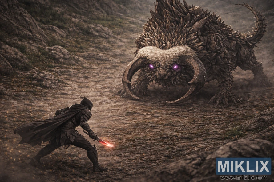 Isometric fantasy scene showing a Tarnished in Black Knife armor at the lower left facing a massive Fallingstar Beast across a rocky Hinterland battlefield. Isometric fantasy scene showing a Tarnished in Black Knife armor at the lower left facing a massive Fallingstar Beast across a rocky Hinterland battlefield.