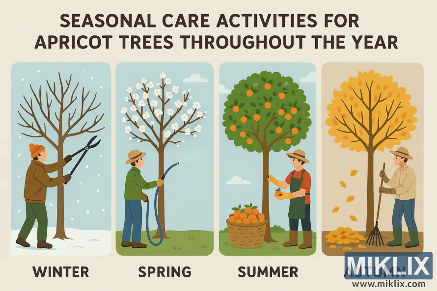 Illustration montrant la taille d'hiver, l'arrosage de printemps, la récolte d'été et le ramassage des feuilles d'automne pour les abricotiers.