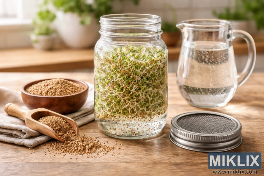 Masonkrukke fylt med alfalfaspirer ved siden av et nettinglokk, en vannkanne og alfalfafrø på en kjøkkenbenk av tre.