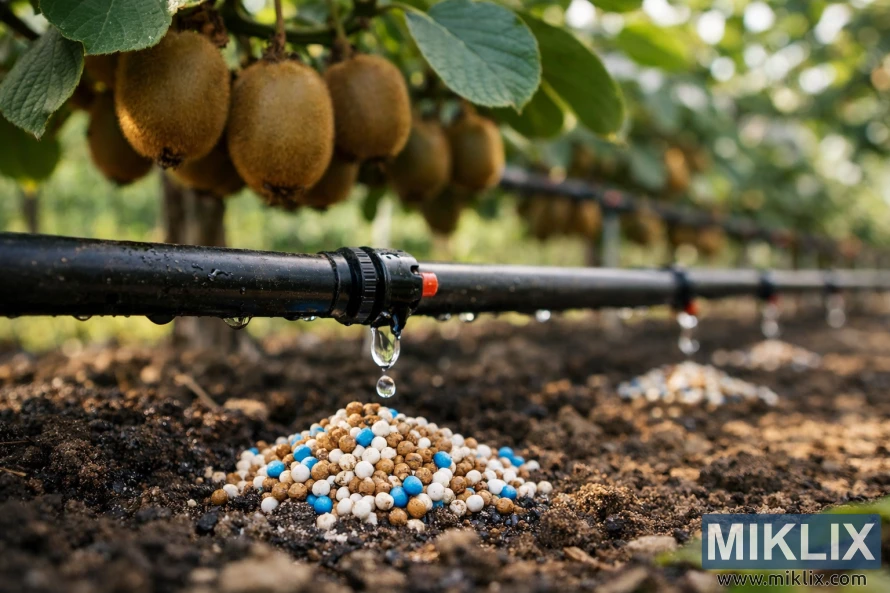 Close-up of a drip irrigation emitter watering fertilizer pellets beneath kiwi vines in a sunlit orchard. Close-up of a drip irrigation emitter watering fertilizer pellets beneath kiwi vines in a sunlit orchard.
