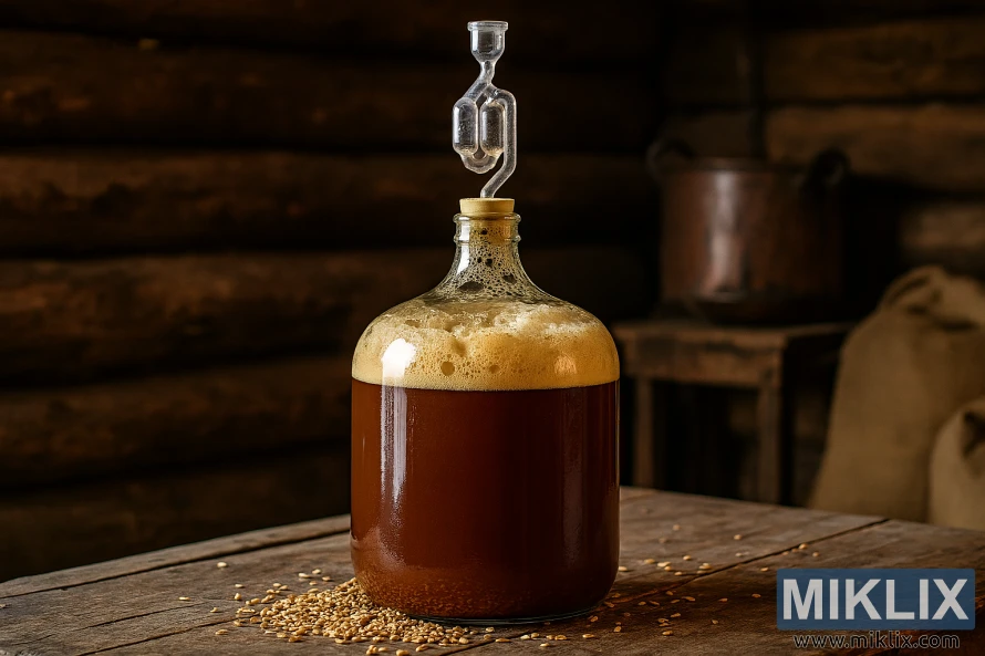 Stakleni demižon za fermentaciju belgijskog opatijskog piva u rustikalnoj kolibi domaćeg pivara