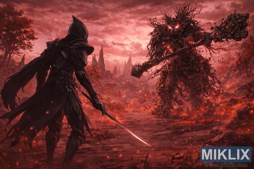 લડાઈ પહેલા કેલિડના લાલ ઉજ્જડ વિસ્તારમાં પુટ્રિડ અવતારનો સામનો કરતા બ્લેક નાઈફ બખ્તરમાં કલંકિતનું એનાઇમ-શૈલીનું દ્રશ્ય. લડાઈ પહેલા કેલિડના લાલ ઉજ્જડ વિસ્તારમાં પુટ્રિડ અવતારનો સામનો કરતા બ્લેક નાઈફ બખ્તરમાં કલંકિતનું એનાઇમ-શૈલીનું દ્રશ્ય.