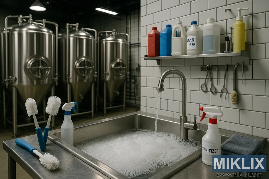 Plettfri bryggerivask med desinfiseringsverktøy og skinnende gjæringstanker.
