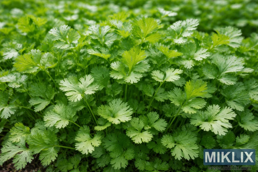 Dense green Slow-Bolt cilantro plants showing healthy leafy growth in a garden setting