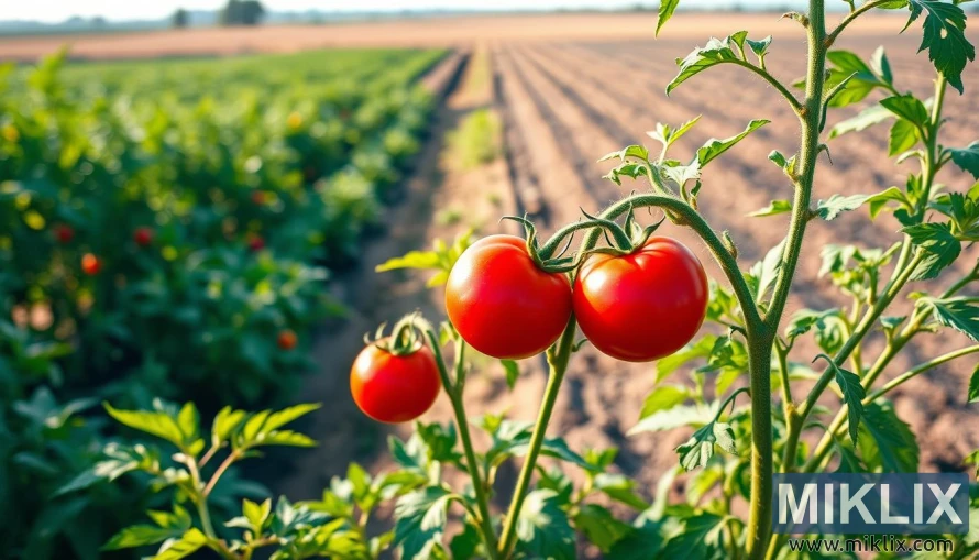 Organic tomato plant with vibrant red fruit contrasts with dull conventional plant in split scene. Organic tomato plant with vibrant red fruit contrasts with dull conventional plant in split scene.