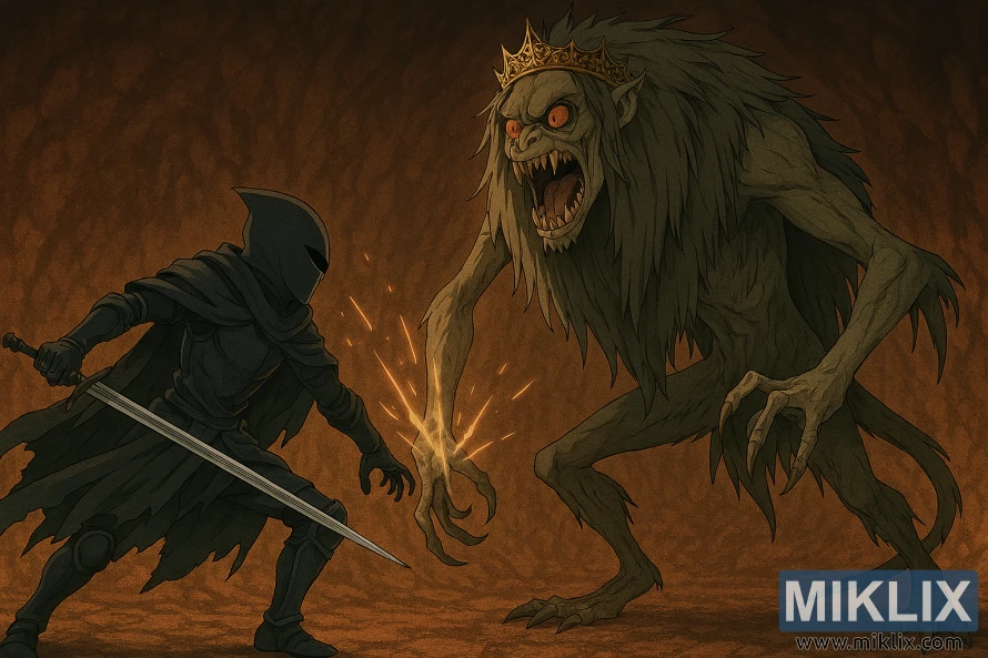 Anime-style battle between Tarnished in Black Knife armor and Demi-Human Queen Margot in Volcano Cave