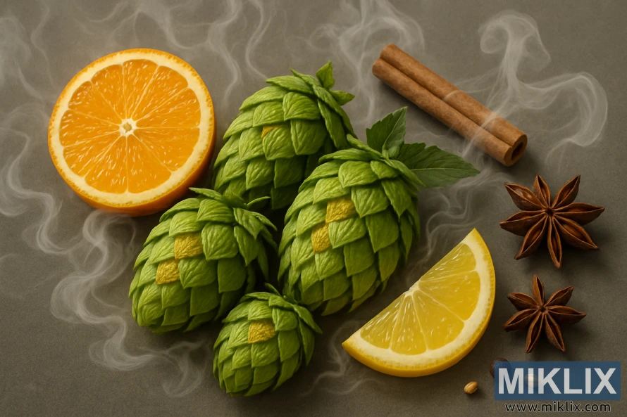 Tác phẩm nghệ thuật trong studio gồm nón hoa bia Opal với hương cam, chanh, quế và đại hồi được bao quanh bởi khói thơm trên nền xám. Tác phẩm nghệ thuật trong studio gồm nón hoa bia Opal với hương cam, chanh, quế và đại hồi được bao quanh bởi khói thơm trên nền xám.