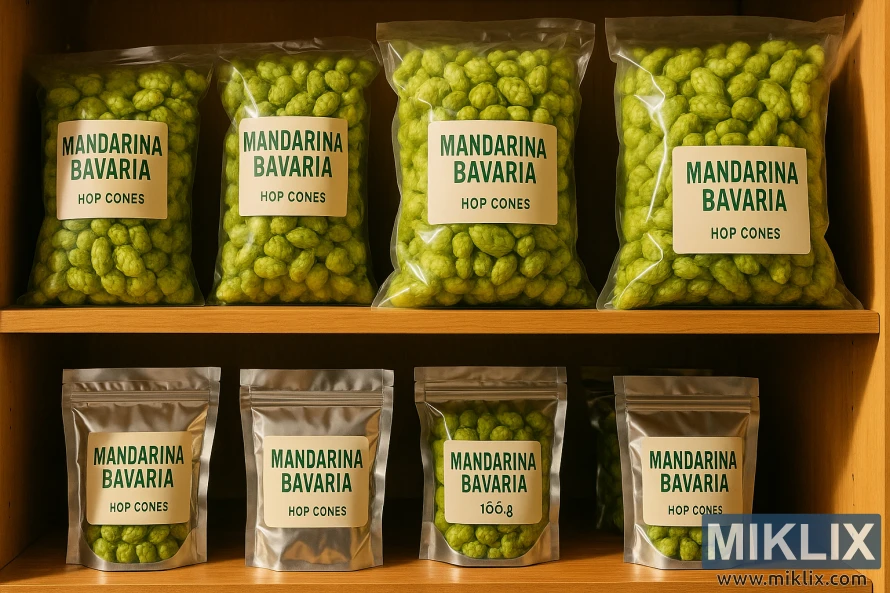 Полиця магазину, заповнена акуратно організованими упаковками шишок хмелю Mandarina Bavaria, у теплому освітленні. Полиця магазину, заповнена акуратно організованими упаковками шишок хмелю Mandarina Bavaria, у теплому освітленні.