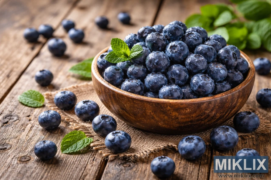 खिड़की की हल्की नेचुरल रोशनी में एक देहाती लकड़ी की टेबल पर ताज़े ब्लूबेरी बिखरे हुए हैं।