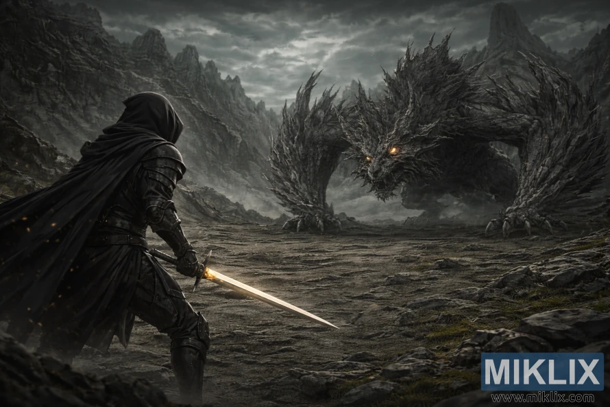 Dark fantasy scene showing the Tarnished from behind on the left, wielding a glowing sword while facing a massive jagged beast in a bleak, stormy mountain landscape.