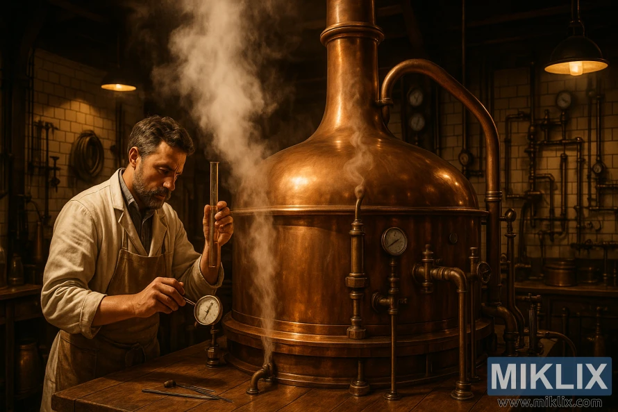 Pivovar v belem plašču pregleduje opremo poleg vročega bakrenega kotla v topli, tradicionalni pivovarni.