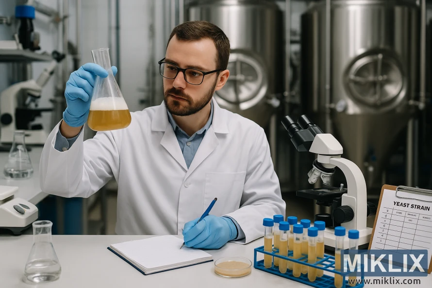 En vitenskapsmann undersøker en gjærkultur i en kolbe mens han tar notater i et moderne bryggerilaboratorium.