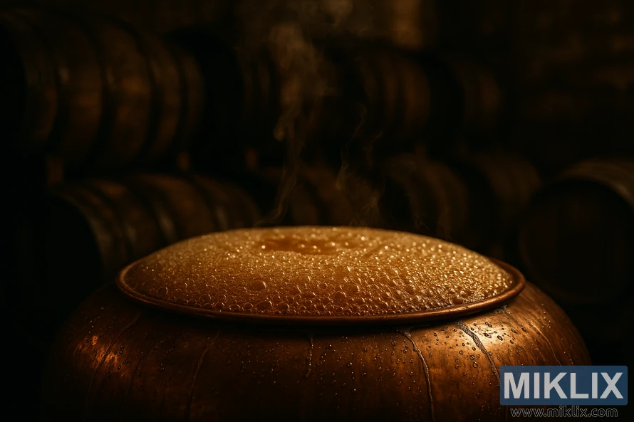 Jäsningskärl av koppar med skummande yta och stigande ånga i en dunkel källare fodrad med ekfat Jäsningskärl av koppar med skummande yta och stigande ånga i en dunkel källare fodrad med ekfat