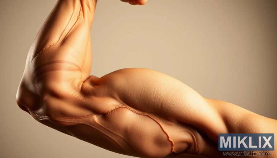 Flexed muscular arm showing detailed tendons and muscles, lit warmly. Flexed muscular arm showing detailed tendons and muscles, lit warmly.