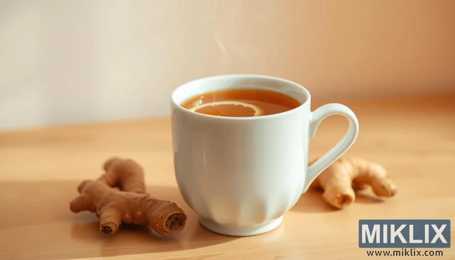 Αχνιστή κούπα με κεχριμπαρένιο τσάι τζίντζερ με φρέσκες φέτες που επιπλέουν, σε ένα ήρεμο φόντο. Αχνιστή κούπα με κεχριμπαρένιο τσάι τζίντζερ με φρέσκες φέτες που επιπλέουν, σε ένα ήρεμο φόντο.