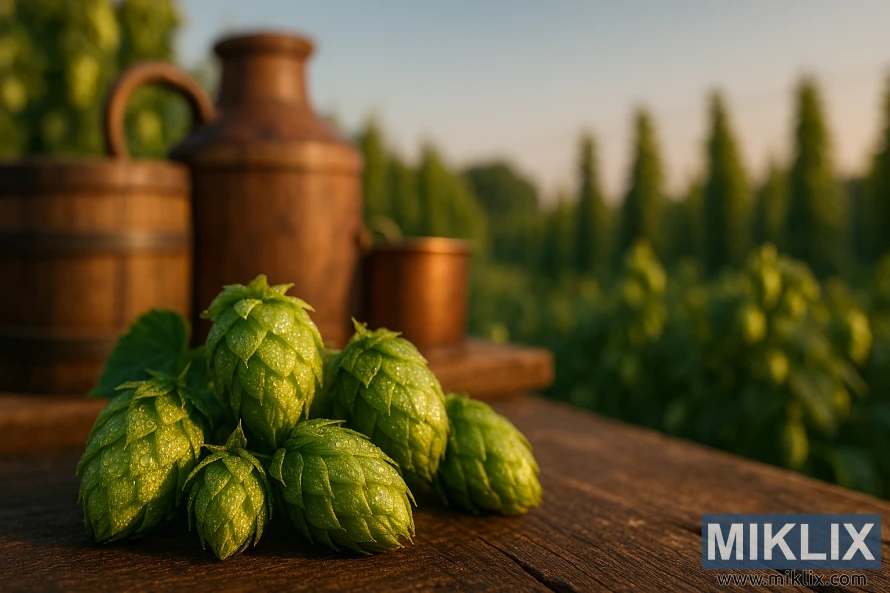Close-up of dew-covered Hallertauer Gold hops with rustic brewing setup and hop fields in background