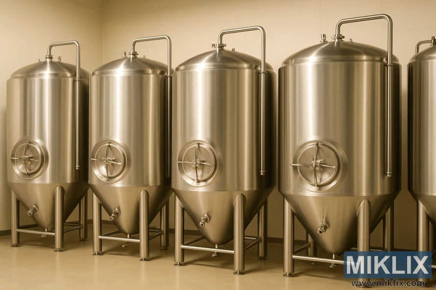 Rad med store koniske gjæringstanker i rustfritt stål i et rent bryggeri. Rad med store koniske gjæringstanker i rustfritt stål i et rent bryggeri.
