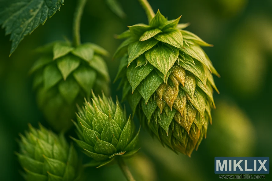Close-up of ripe Janus hops cones with glistening lupulin glands and blurred green background Close-up of ripe Janus hops cones with glistening lupulin glands and blurred green background