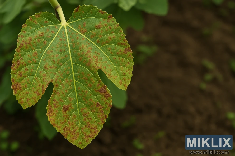 Close-up of a fig leaf showing rust disease with brown spots across green surface against a blurred garden background. Close-up of a fig leaf showing rust disease with brown spots across green surface against a blurred garden background.
