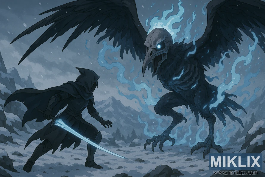 Isigcawu sesitayela se-anime seqhawe elinezigqoko elibhekene nenyoni yohlaka lwamathambo embozwe ilangabi eliluhlaza entabeni eneqhwa.