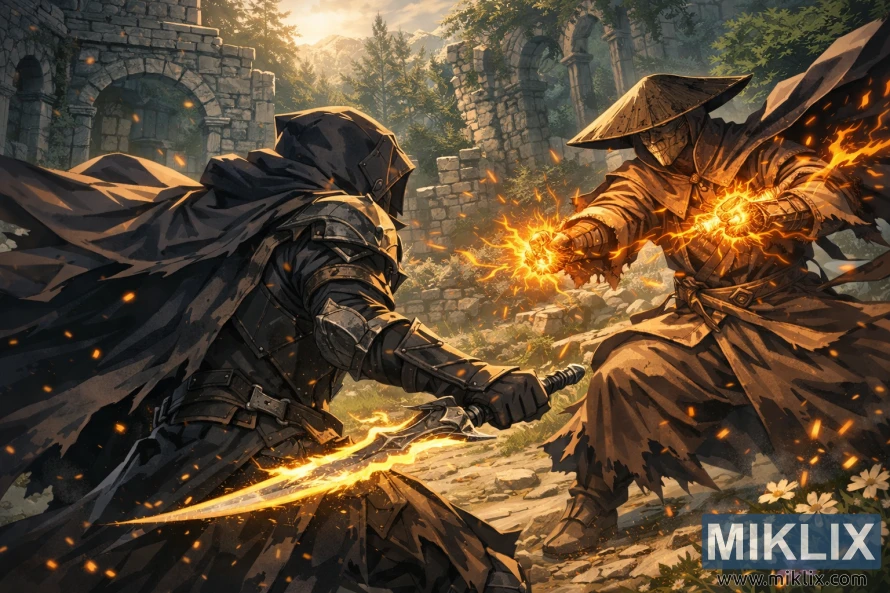 Anime-style fan art of the Tarnished seen from behind in Black Knife armor dueling Dryleaf Dane amid the ruined arches of Moorth Ruins, sparks and flame bursting between them. Anime-style fan art of the Tarnished seen from behind in Black Knife armor dueling Dryleaf Dane amid the ruined arches of Moorth Ruins, sparks and flame bursting between them.