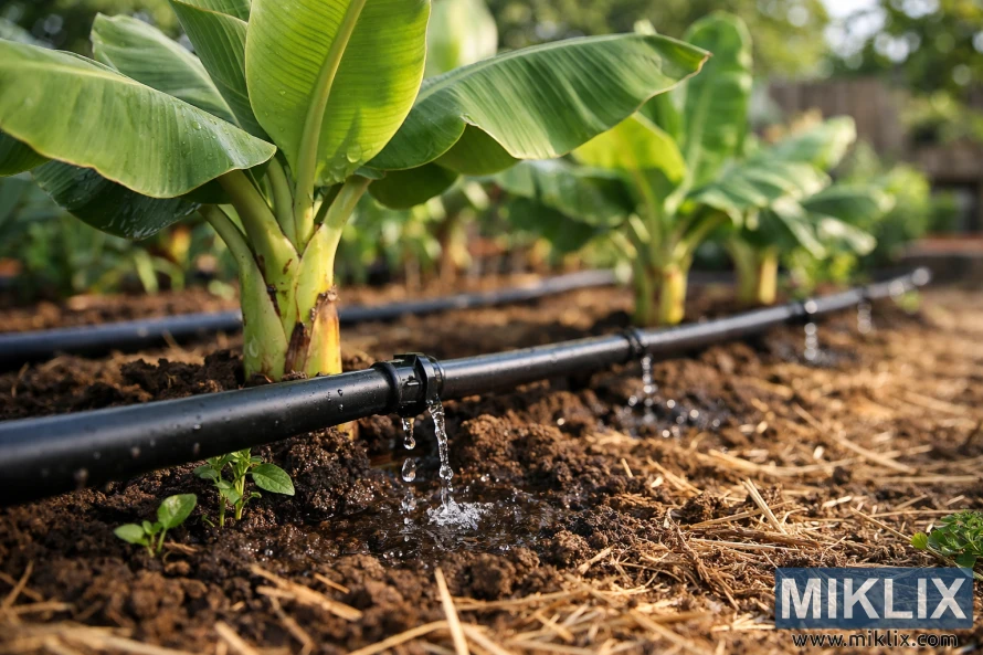 Drip irrigation pipe delivering water to banana plants growing in a sunlit home garden