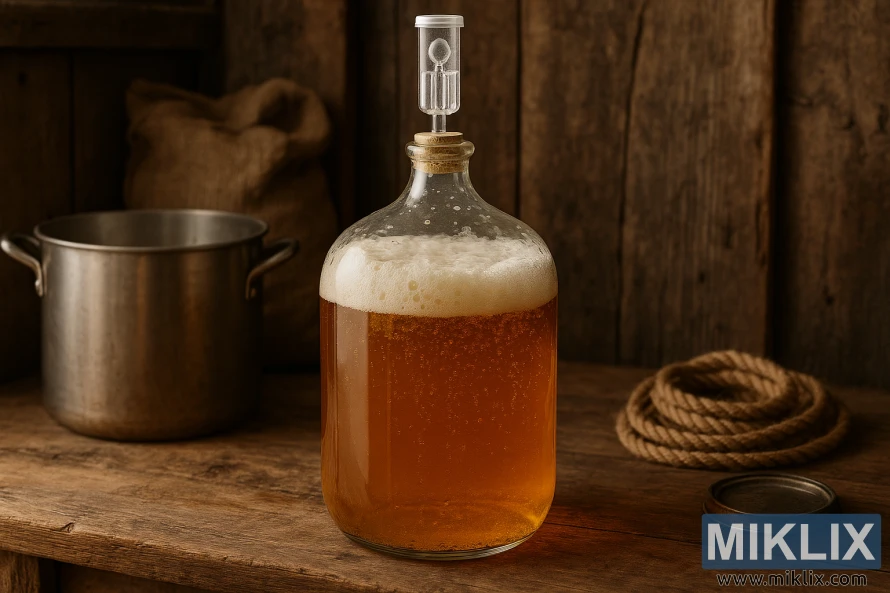 Rustic homebrewing scene with a glass fermenter of golden beer actively fermenting on a wooden table.