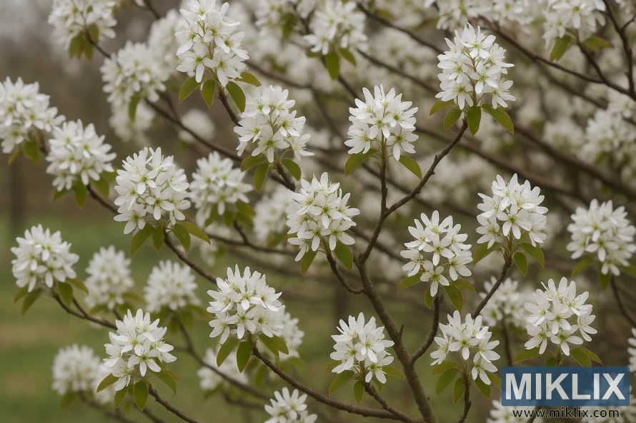 A serviceberry tree covered in clusters of delicate white blossoms, with soft green leaves and thin dark branches, captured in early spring. A serviceberry tree covered in clusters of delicate white blossoms, with soft green leaves and thin dark branches, captured in early spring.