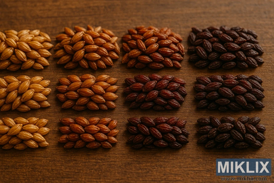 Kristalni sladovi od svijetlo jantarne do tamno rubinske boje uredno raspoređeni na drvenoj površini pod mekim svjetlom.