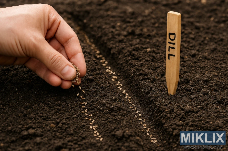 Close-up of a hand sowing dill seeds into garden soil with a wooden planting marker labeled 'DILL' Close-up of a hand sowing dill seeds into garden soil with a wooden planting marker labeled 'DILL'