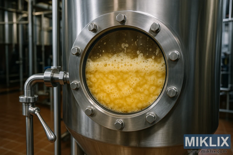 Primer plano de un fermentador de acero inoxidable que muestra cerveza dorada de granja fermentando activamente a través de una ventana de vidrio en una cervecería.