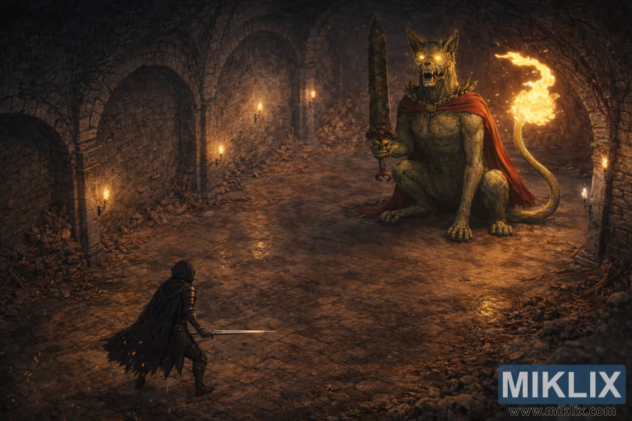 Anime fantasy warrior viewed from above left facing a gigantic seated stone watchdog boss with a flaming tail inside a torchlit underground catacomb. Anime fantasy warrior viewed from above left facing a gigantic seated stone watchdog boss with a flaming tail inside a torchlit underground catacomb.