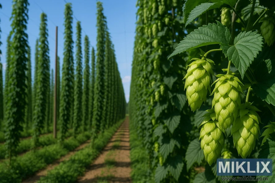 Krupni plan zelenih češera hmelja Horizon s visokim rešetkastim redovima hmelja koji se protežu u daljinu.