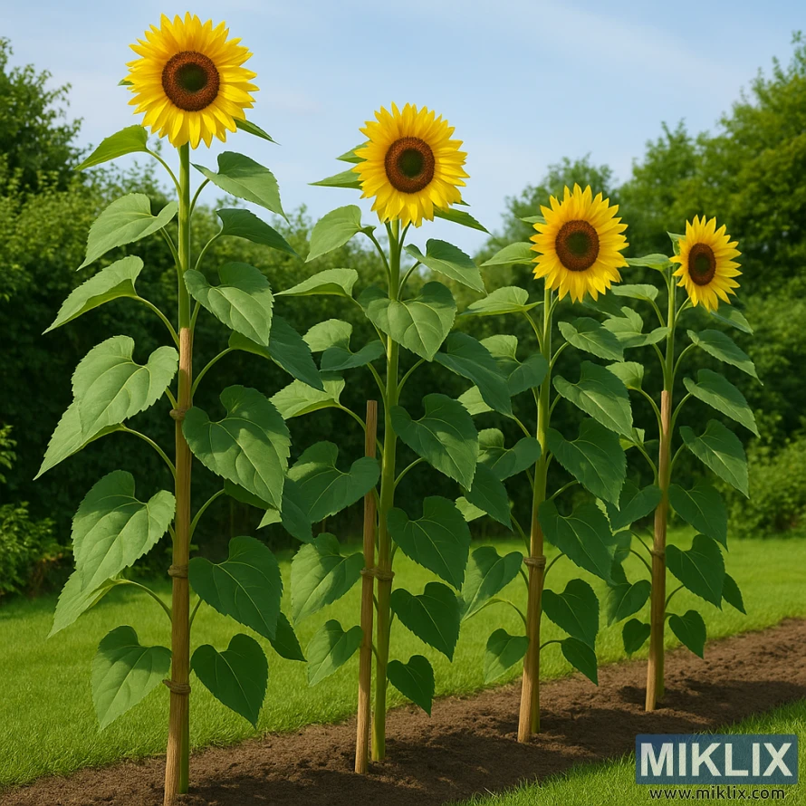 Eine Reihe hoher Sonnenblumen, die mit hölzernen Gartenpfählen abgesteckt und mit weicher Schnur zusammengebunden sind, stehen aufrecht in einem sonnigen Garten. Eine Reihe hoher Sonnenblumen, die mit hölzernen Gartenpfählen abgesteckt und mit weicher Schnur zusammengebunden sind, stehen aufrecht in einem sonnigen Garten.