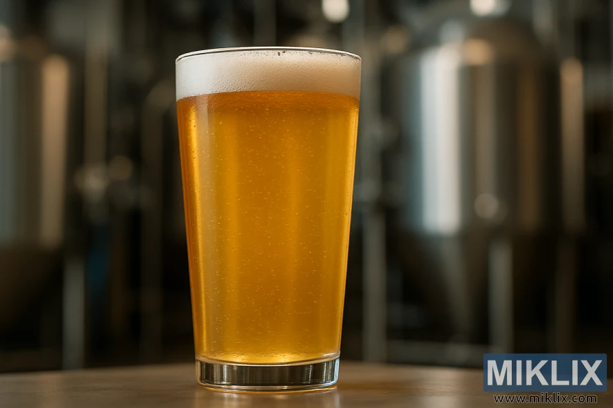 Segelas bir emas bening dengan busa tipis di kepala, diletakkan di depan latar belakang tempat pembuatan bir yang kabur. Segelas bir emas bening dengan busa tipis di kepala, diletakkan di depan latar belakang tempat pembuatan bir yang kabur.