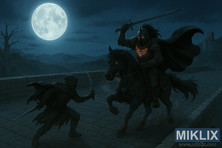Realistic anime-style battle between Tarnished and Night's Cavalry on a moonlit bridge in Elden Ring