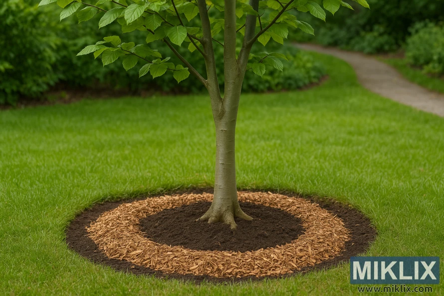 Pohon beech muda ditanam dengan akar yang terlihat jelas dan lingkaran mulsa di taman.