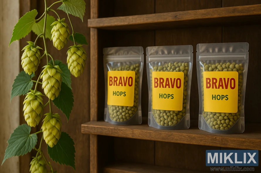 Ferske Bravo-humlekjegler på en slyngplante ved siden av merkede poser med humlepellets på trehyller.